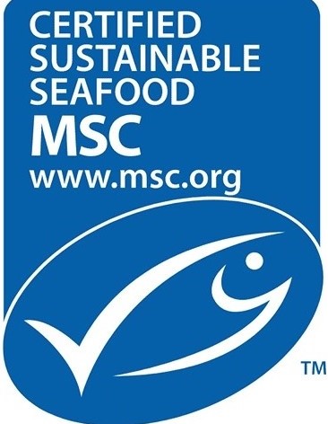 Napis: Certifited Sustainable Seafood MSC w kolorze białym na niebieskim tle